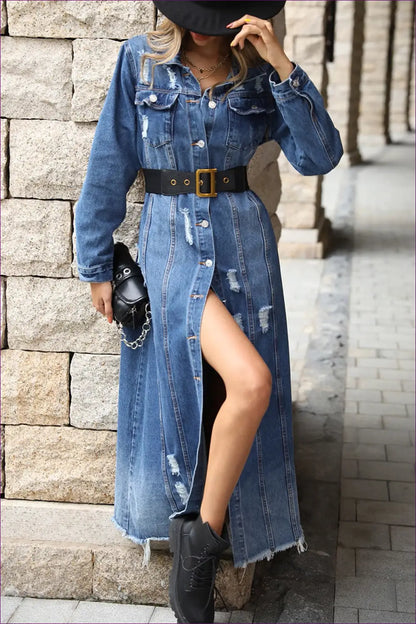 Denim Maxi Dress with Split - Day-to-night Versatility - Dresses - Lingerie Hut - A-line • Autumn • Casual • Cotton