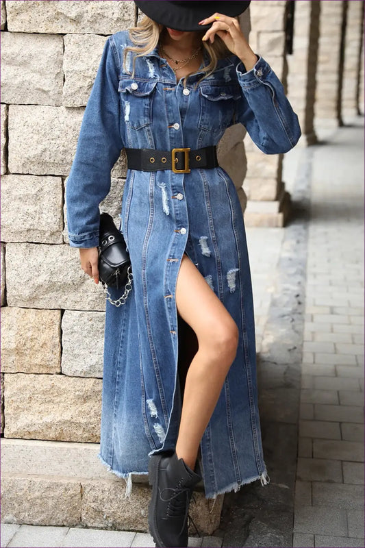 Denim Maxi Dress with Split - Day-to-night Versatility - Dresses - Lingerie Hut - A-line • Autumn • Casual • Cotton
