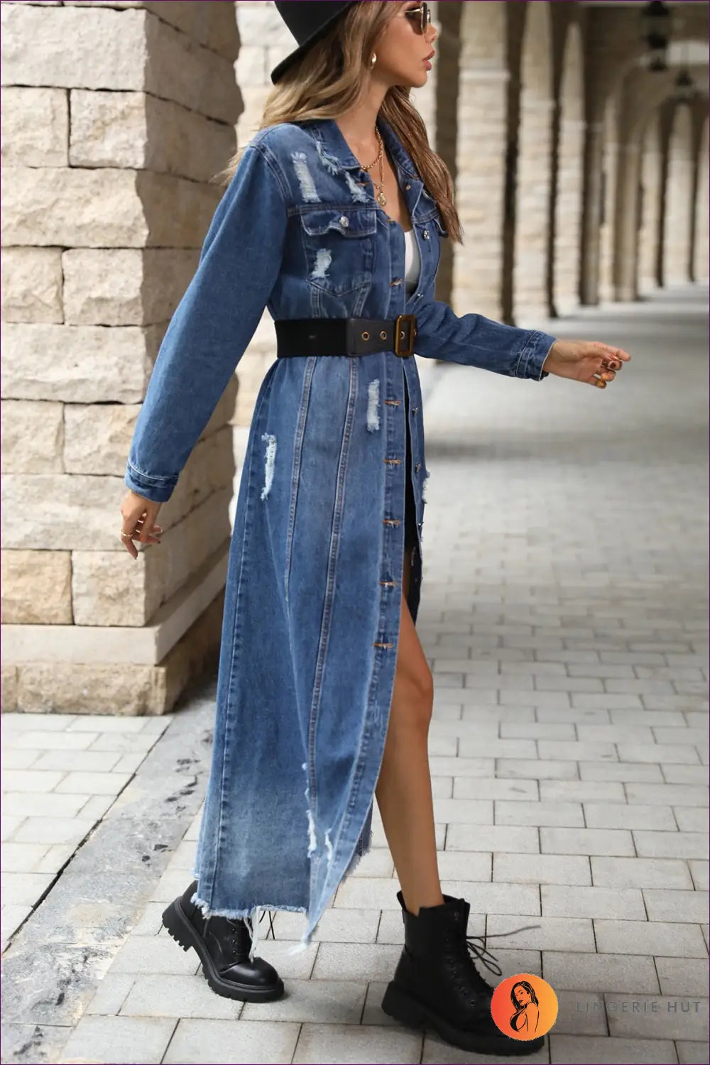 Denim Maxi Dress with Split - Day-to-night Versatility - Dresses - Lingerie Hut - A-line • Autumn • Casual • Cotton