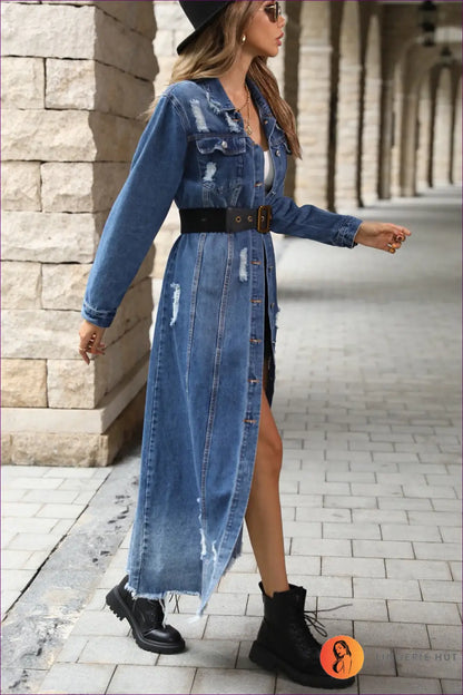 Denim Maxi Dress with Split - Day-to-night Versatility - Dresses - Lingerie Hut - A-line • Autumn • Casual • Cotton