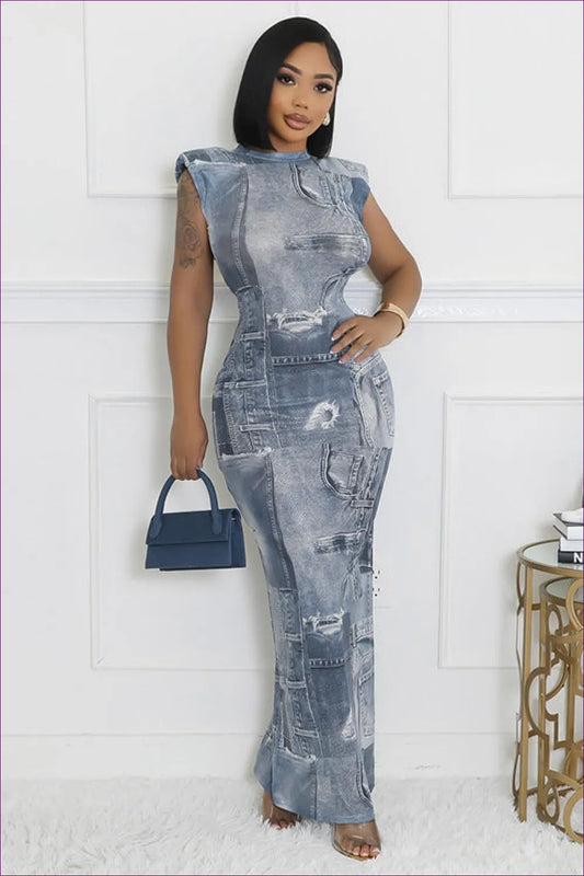 Denim Print Maxi Dress - Chic & Edgy