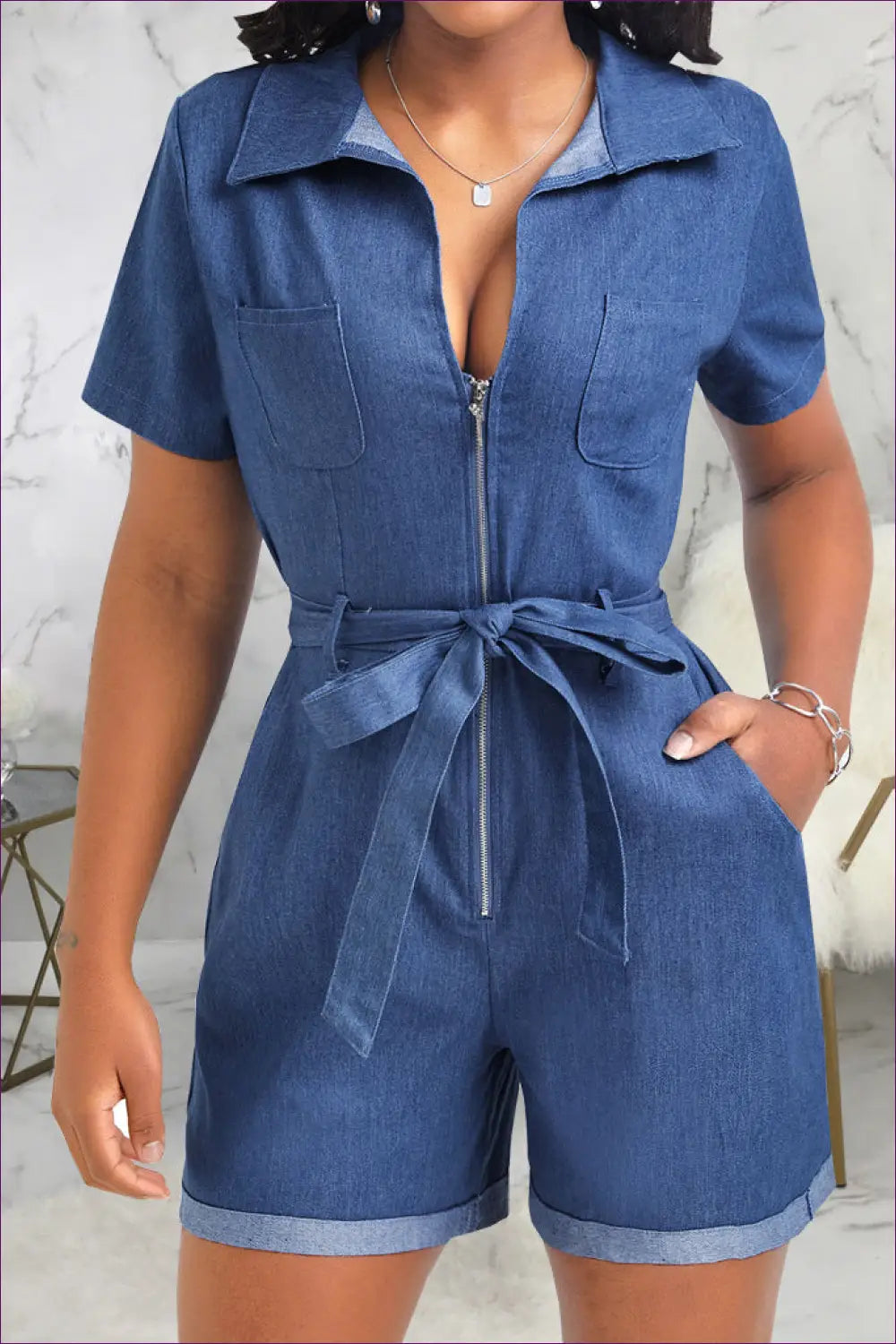 Denim Romper with Belt - Effortless Summer Style - Jumpsuits & Rompers - Lingerie Hut - Boho • Casual • Cotton