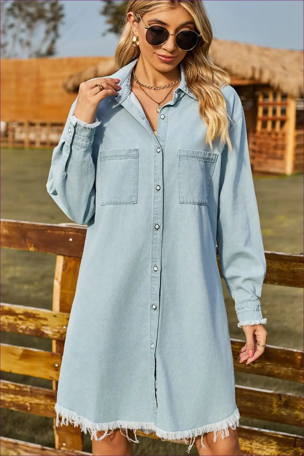 Denim Shirt Dress with Fringe Detail - Effortless Everyday Style - Dresses - Lingerie Hut - A-line • Autumn • Casual