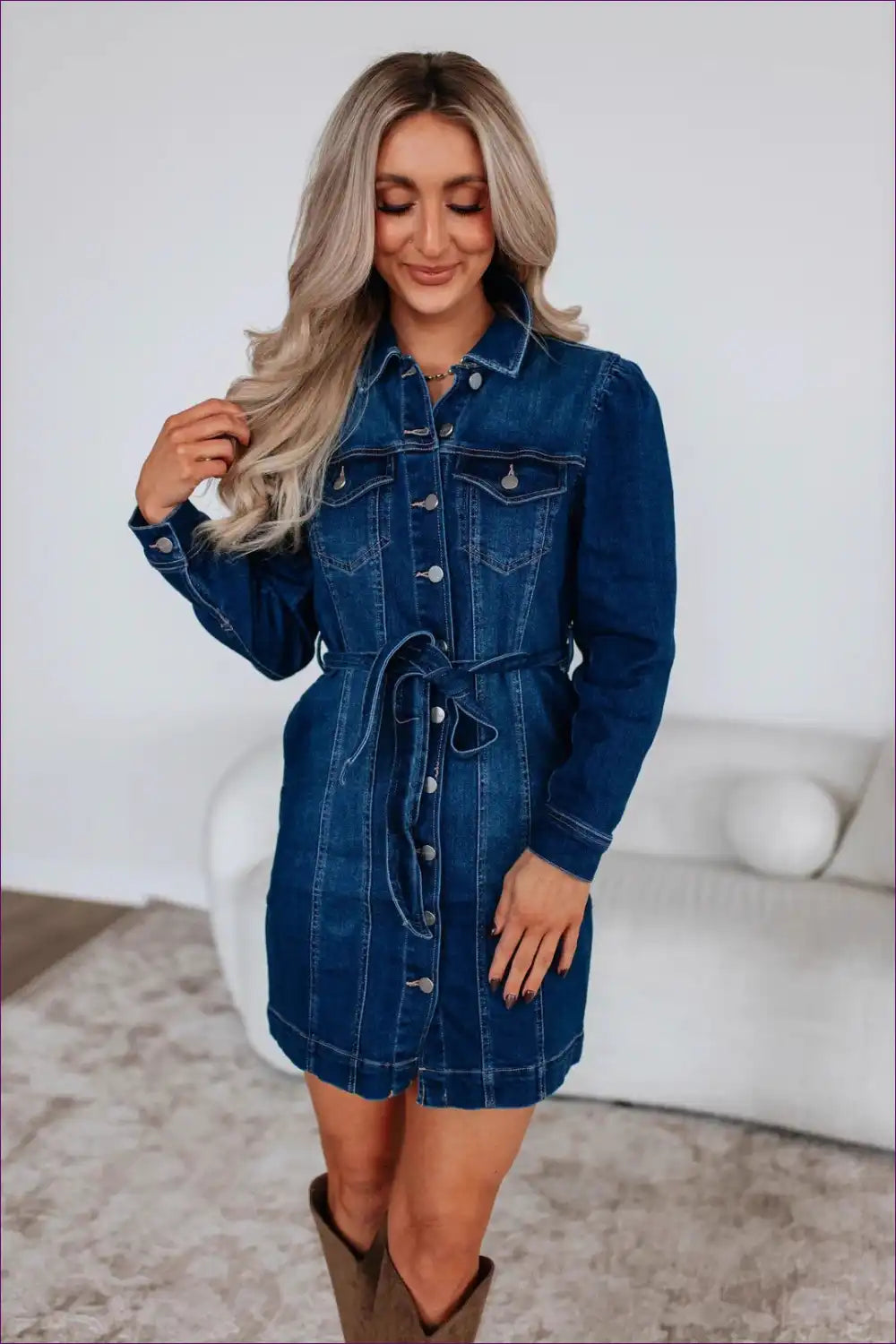 Denim Shirt Dress with Waist Tie - Everyday Effortless Style for All Season, Boho, Casual, Denim,