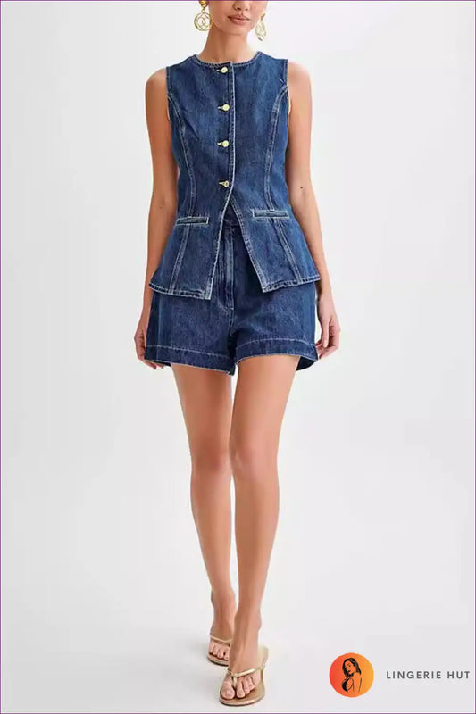 Denim Shorts Set with Sleeveless Top - Effortless Summer Cool for Boho, Casual, co Ord, Cotton, Crop