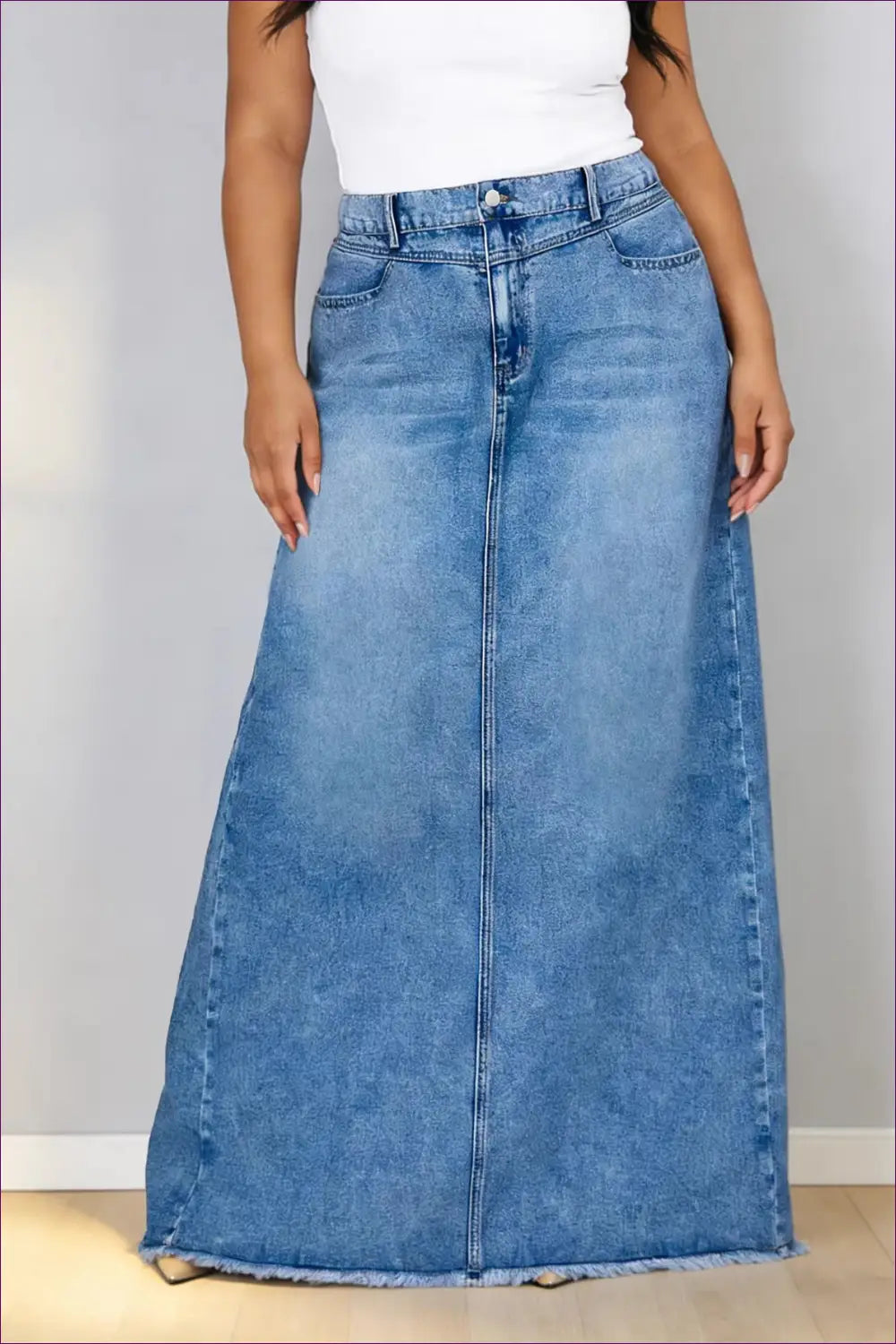 Denim Maxi Skirt with Frayed Hem - Effortless Authenticity - Bodysuit - Lingerie Hut - A-line • All Season • Casual