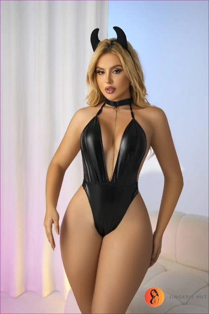 Devil Bodysuit Costume with Plunge Neckline - Fantasy Roleplay Ready - s / Black - Cutout • Halloween • Latex