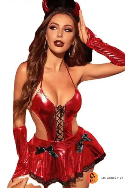 Devil Costume with Shiny Skirt and Lace-up Bodysuit - Bold Mischief for Bodysuit, Boudoir, Clubwear, Costume,