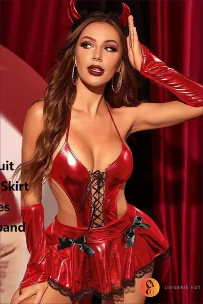 Devil Costume with Shiny Skirt and Lace-up Bodysuit - Bold Mischief for Bodysuit, Boudoir, Clubwear, Costume,