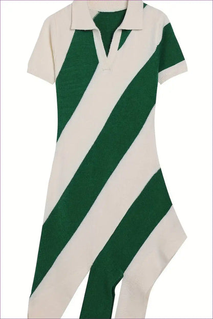 Diagonal Stripe Knit Polo Dress with Asymmetric Hem for Activewear, Casual, Cotton, Everyday,