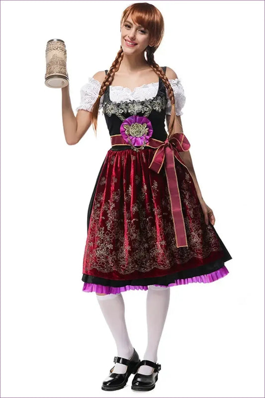 Dirndl Costume with Embroidered Apron - Festival Charm - Purple / m - Halloween • just in • Maid • Oktoberfest