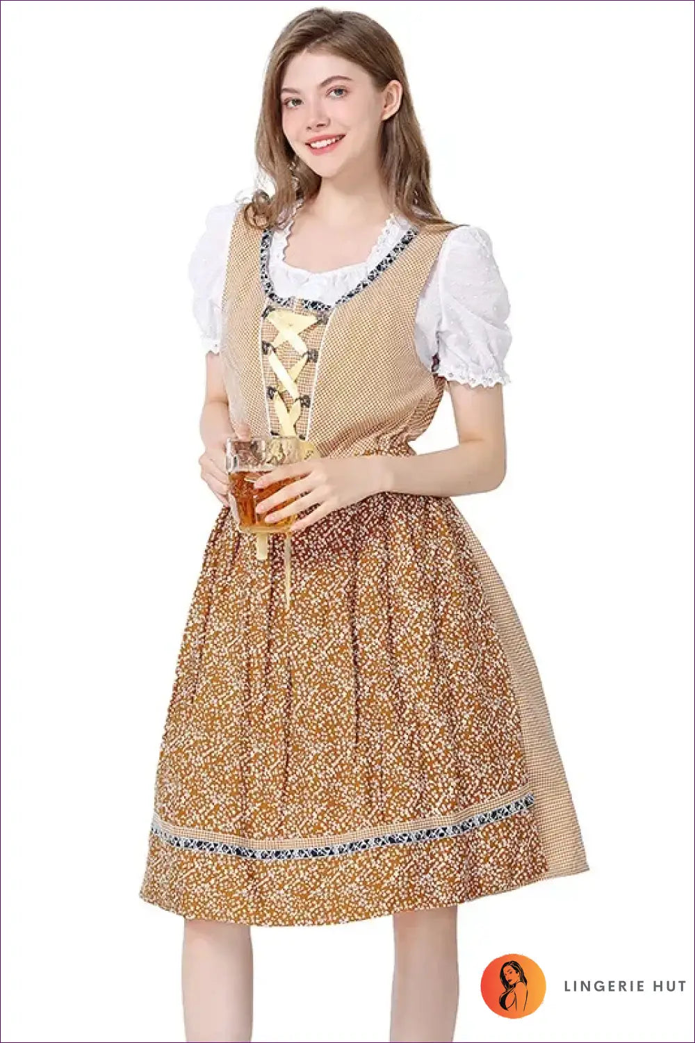Dirndl Costume with Lace-up Bodice - Bavarian Party Mood - Beige / S(height 150-170cm) - Floral • Halloween