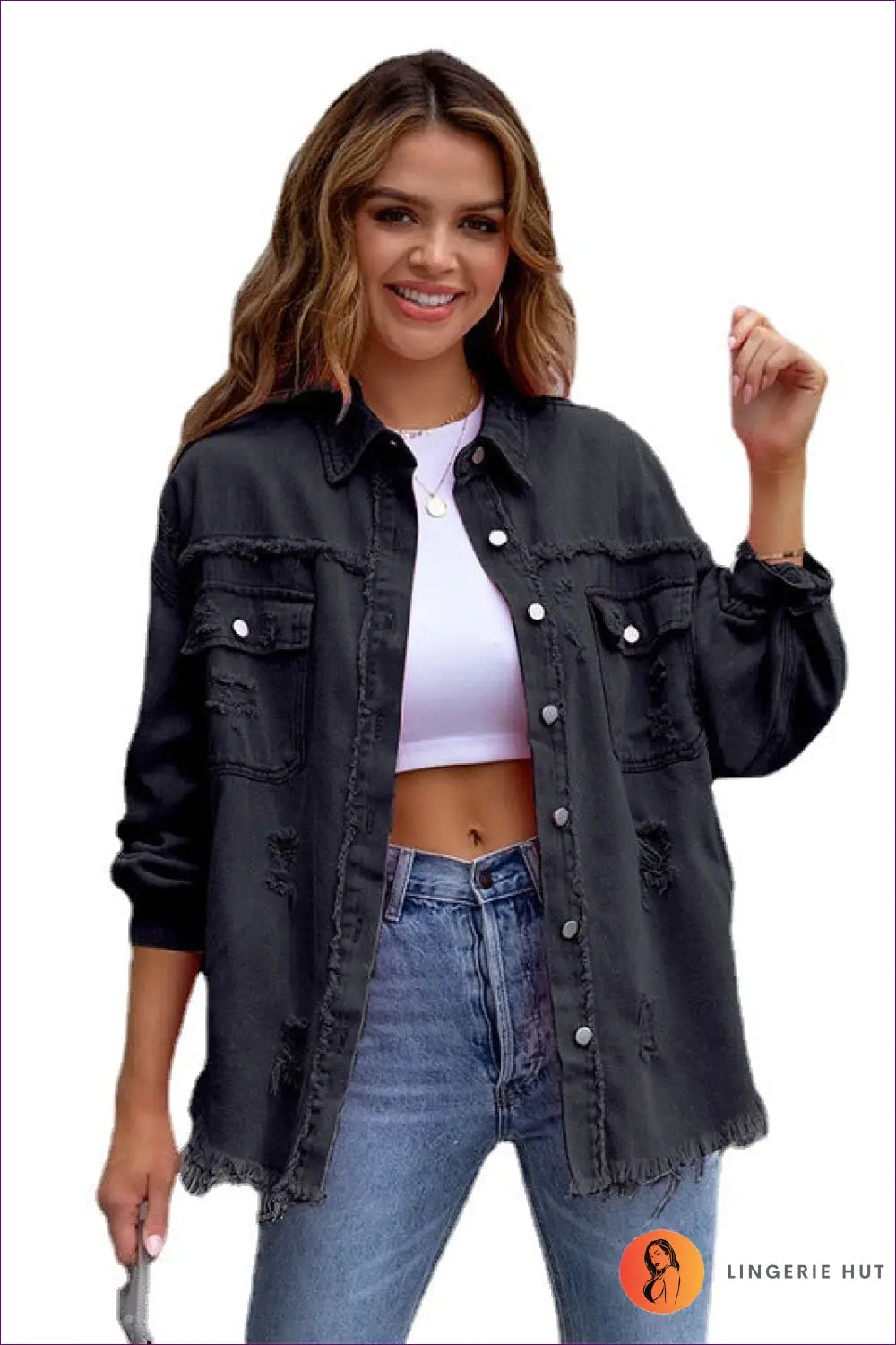 Distressed Denim Jacket - Effortless Cool Everyday Versatility - Jacket - Jackets - Lingerie Hut - All Season • Casual