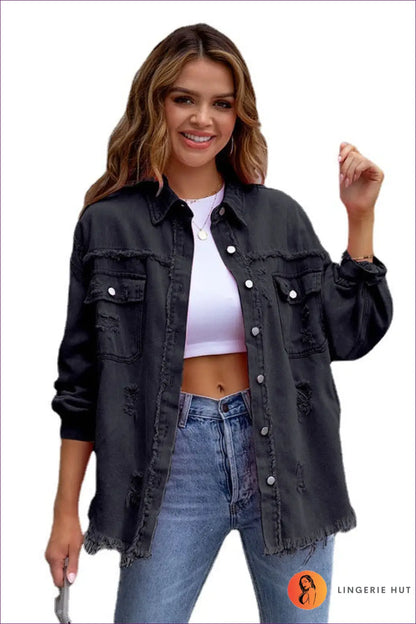 Distressed Denim Jacket - Effortless Cool Everyday Versatility - Jacket - Jackets - Lingerie Hut - All Season • Casual