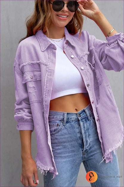 Distressed Denim Jacket - Effortless Cool Everyday Versatility - s / Light Purple - Jacket - Jackets - Lingerie Hut
