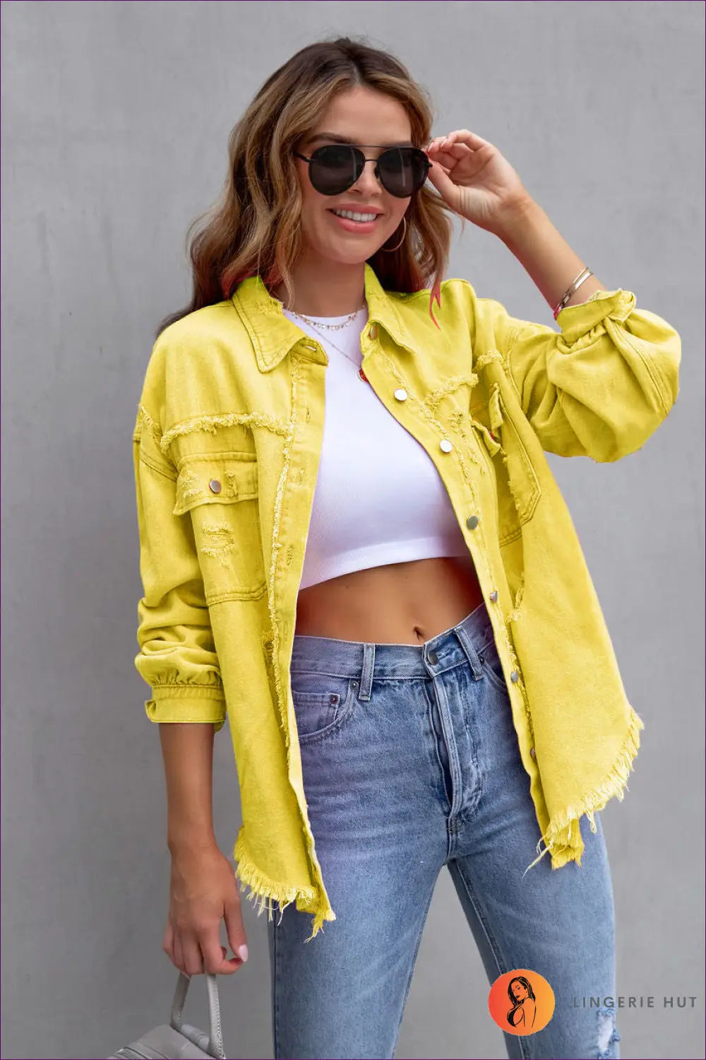 Distressed Denim Jacket - Effortless Cool Everyday Versatility - s / Yellow - Jacket - Jackets - Lingerie Hut - All