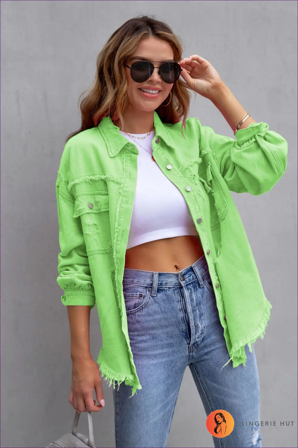 Distressed Denim Jacket - Effortless Cool Everyday Versatility - s / Green - Jacket - Jackets - Lingerie Hut - All