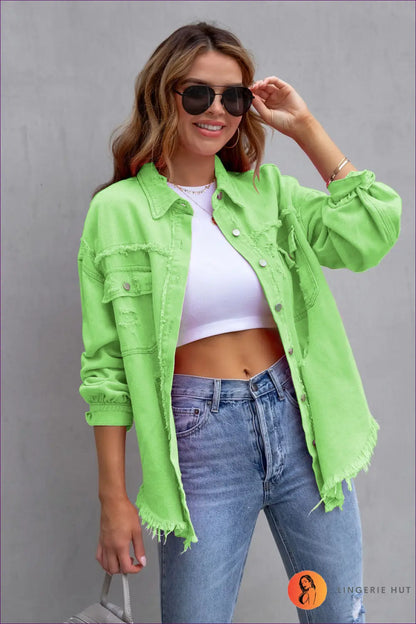 Distressed Denim Jacket - Effortless Cool Everyday Versatility - s / Green - Jacket - Jackets - Lingerie Hut - All