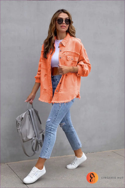 Distressed Denim Jacket - Effortless Cool Everyday Versatility - s / Orange - Jacket - Jackets - Lingerie Hut - All