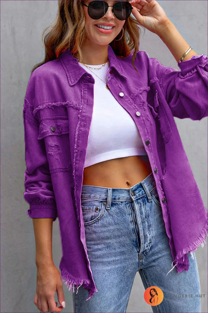 Distressed Denim Jacket - Effortless Cool Everyday Versatility - s / Purple - Jacket - Jackets - Lingerie Hut - All