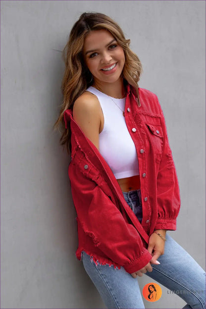 Distressed Denim Jacket - Effortless Cool Everyday Versatility - s / Red - Jacket - Jackets - Lingerie Hut - All Season