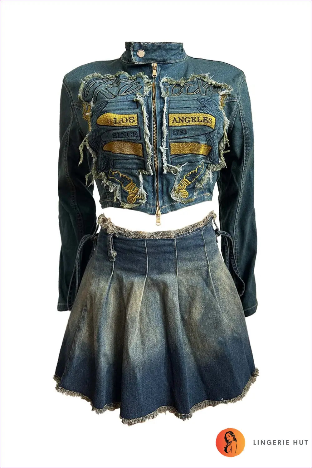 Distressed Denim Jacket And Skirt Set - Edgy Chic