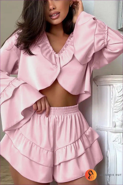 Double Ruffle Satin Pajama Set - Playful Lounge Essential for All Season, Casual, Crop, Everyday,