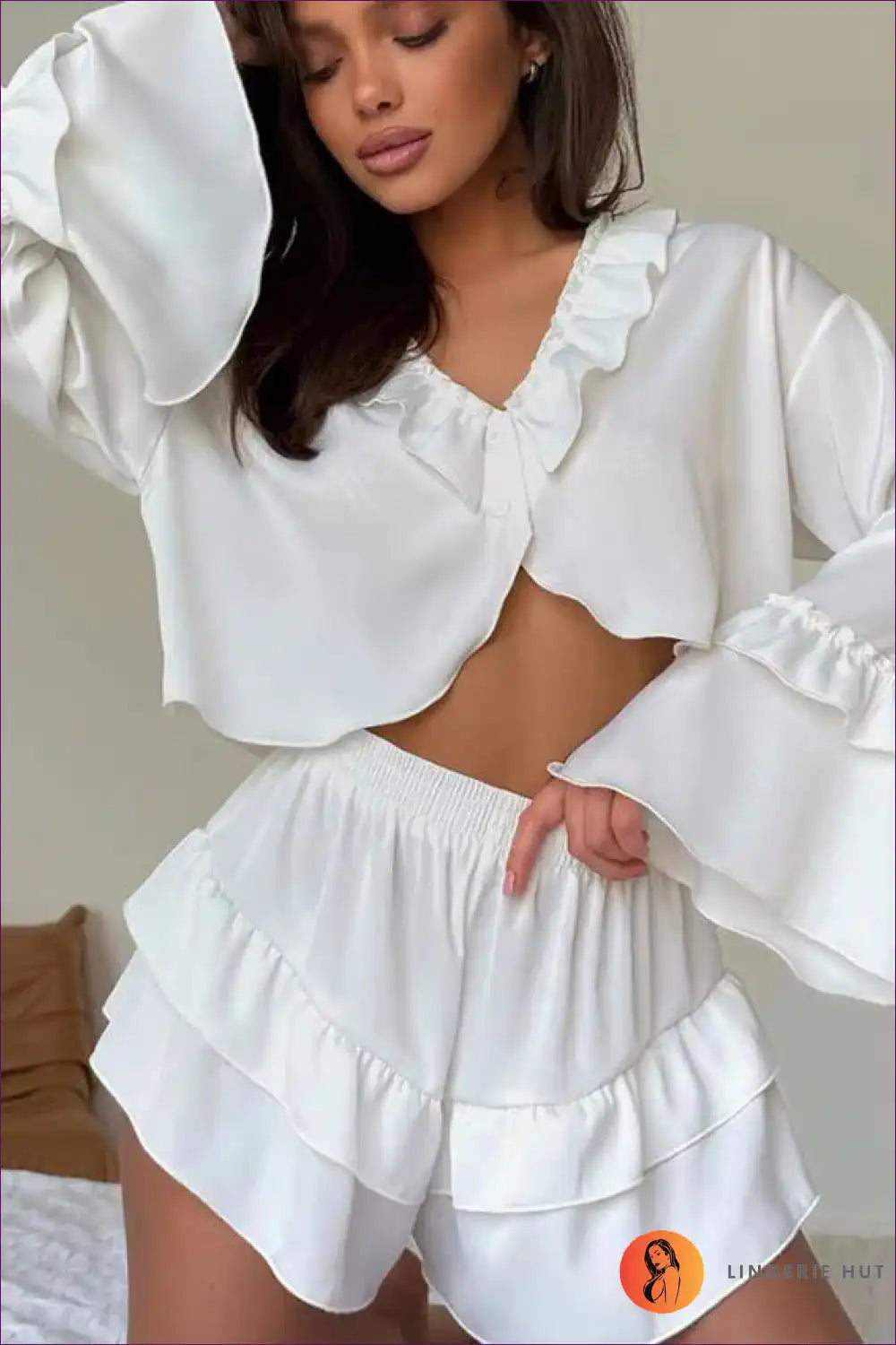 Double Ruffle Satin Pajama Set - Playful Lounge Essential for All Season, Casual, Crop, Everyday,