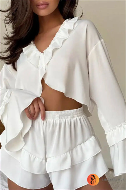 Double Ruffle Satin Pyjama Set - Effortless Off-duty Style - Lingerie Hut - All Season • Casual • Everyday • Loungewear