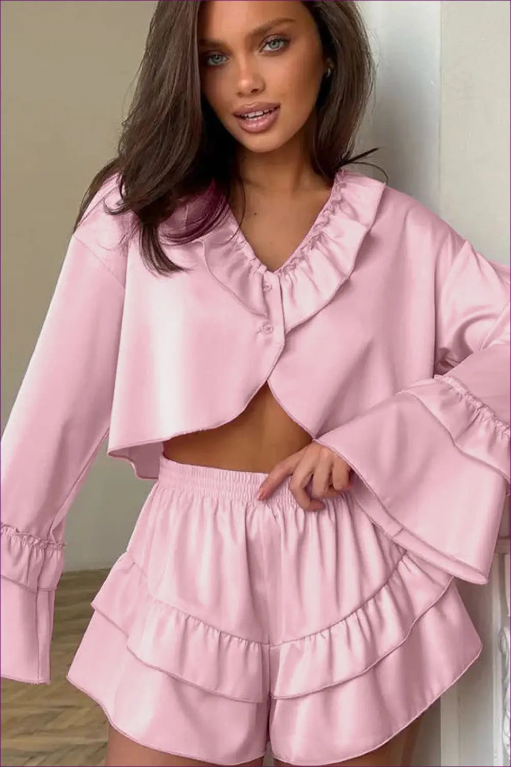 Double Ruffle Satin Pyjama Set - Effortless Off-duty Style - Lingerie Hut - All Season • Casual • Everyday • Loungewear