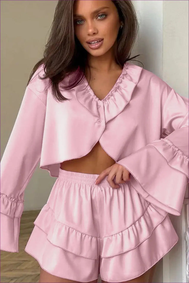 Double Ruffle Satin Pyjama Set - Effortless Off-Duty Style