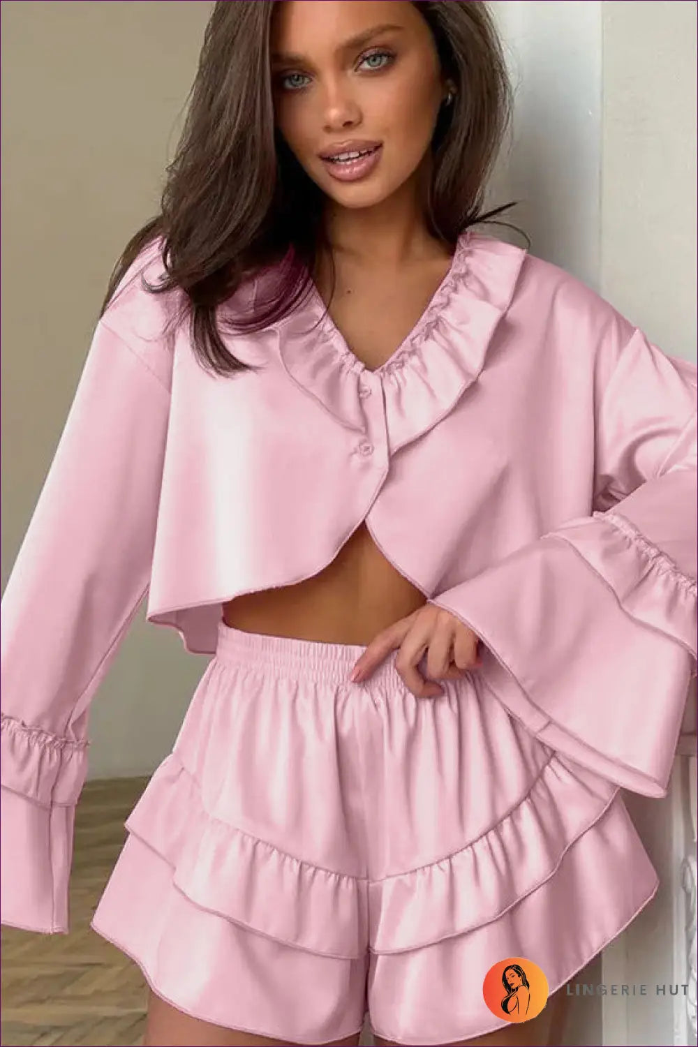 Double Ruffle Satin Pyjama Set - Effortless Off-duty Style - s / Pink - Lingerie Hut - All Season • Casual • Everyday