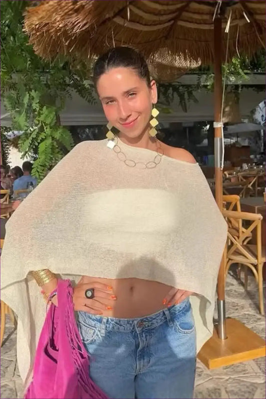 Draped Knit Poncho Top with Off-shoulder Neckline - Weekend Ease - Casual • Everyday • just in • Summer • Lingerie Hut