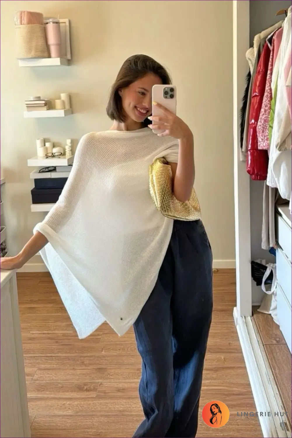 Draped Knit Poncho Top with Off-shoulder Neckline - Weekend Ease - one Size / White - Casual • Everyday