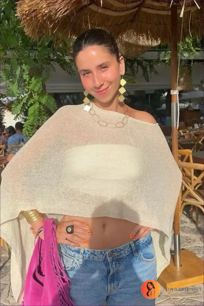 Draped Knit Poncho Top with Off-shoulder Neckline - Weekend Ease - one Size / Rice Apricot - Casual • Everyday