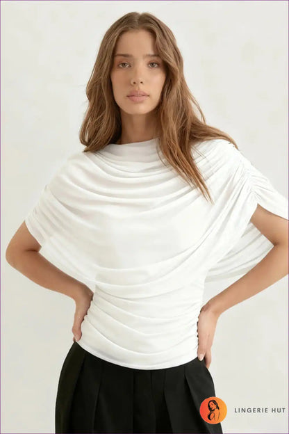Draped Mesh Slim Top with Ruched Detail - Elegant Evenings for Autumn, Casual, Evening Wear, Everyday,