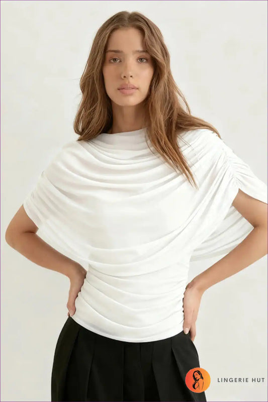 Draped Mesh Slim Top with Ruched Detail - Elegant Evenings for Autumn, Casual, Evening Wear, Everyday,