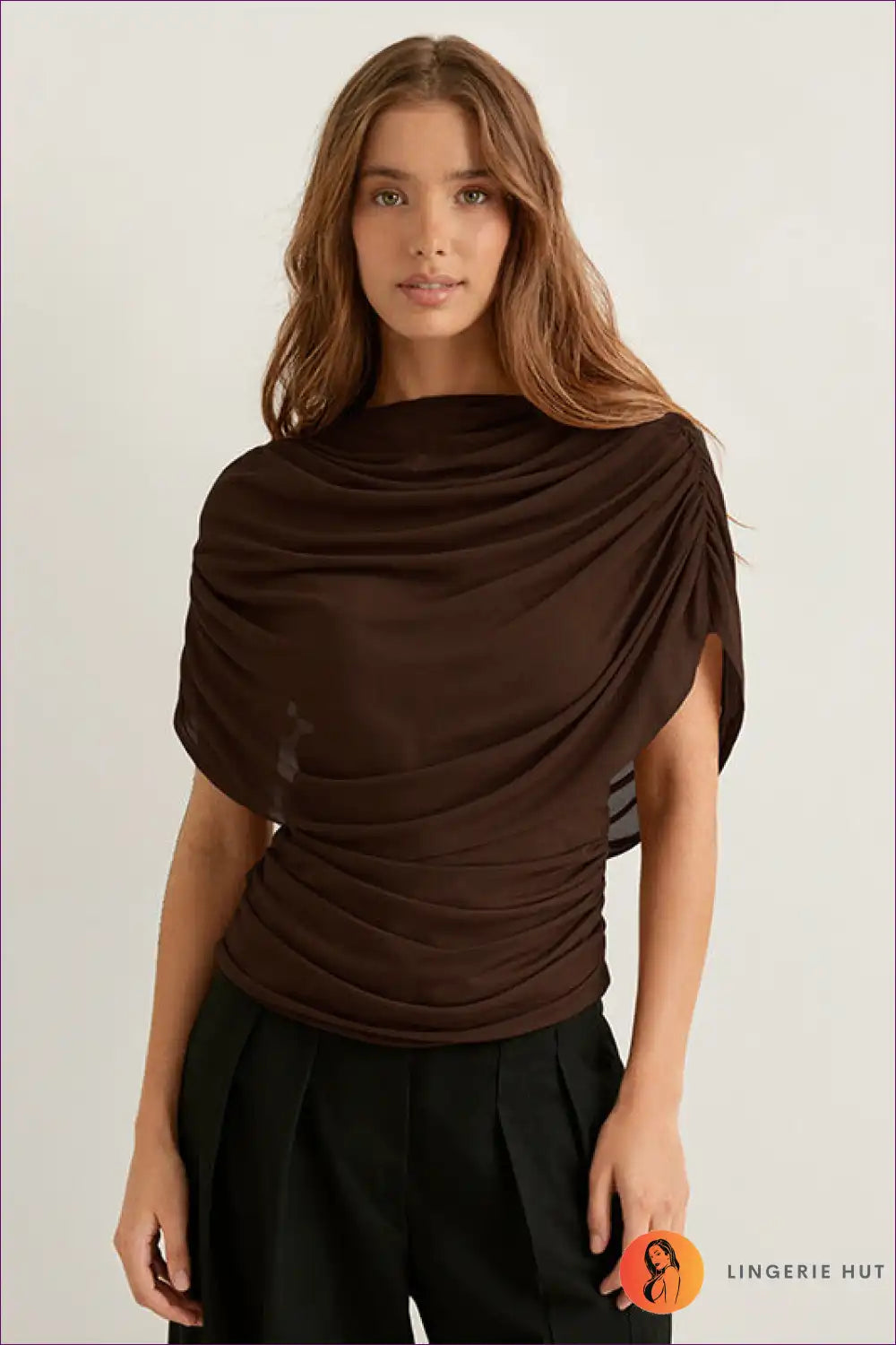 Draped Mesh Slim Top with Ruched Detail - Elegant Evenings for Autumn, Casual, Evening Wear, Everyday,