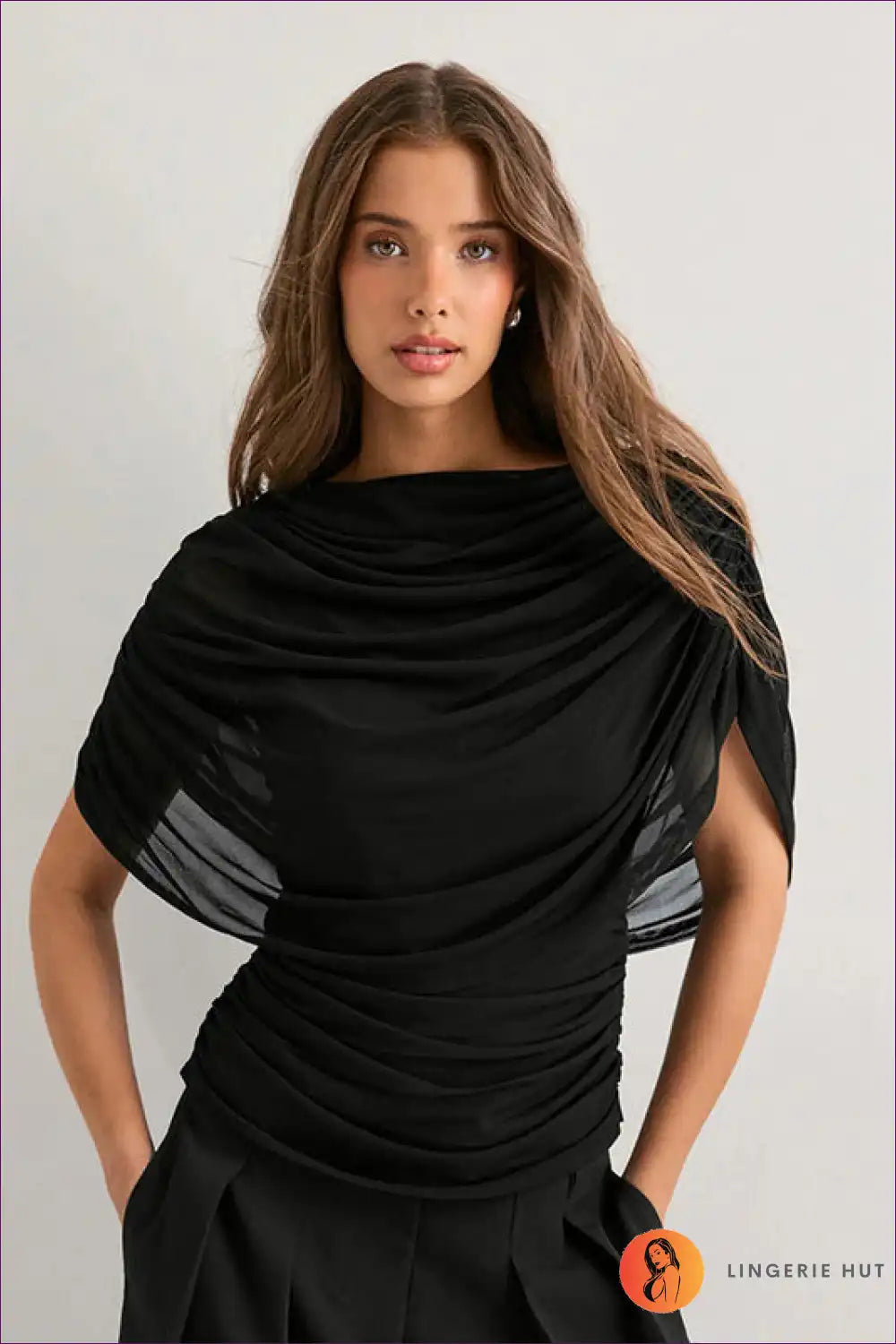Draped Mesh Slim Top with Ruched Detail - Elegant Evenings for Autumn, Casual, Evening Wear, Everyday,