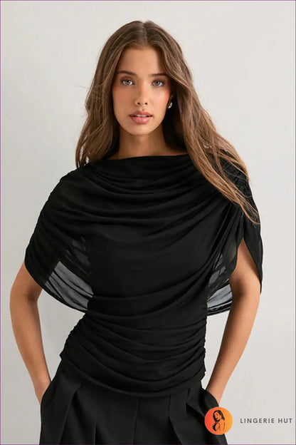Draped Mesh Slim Top with Ruched Detail - Elegant Evenings for Autumn, Casual, Evening Wear, Everyday,