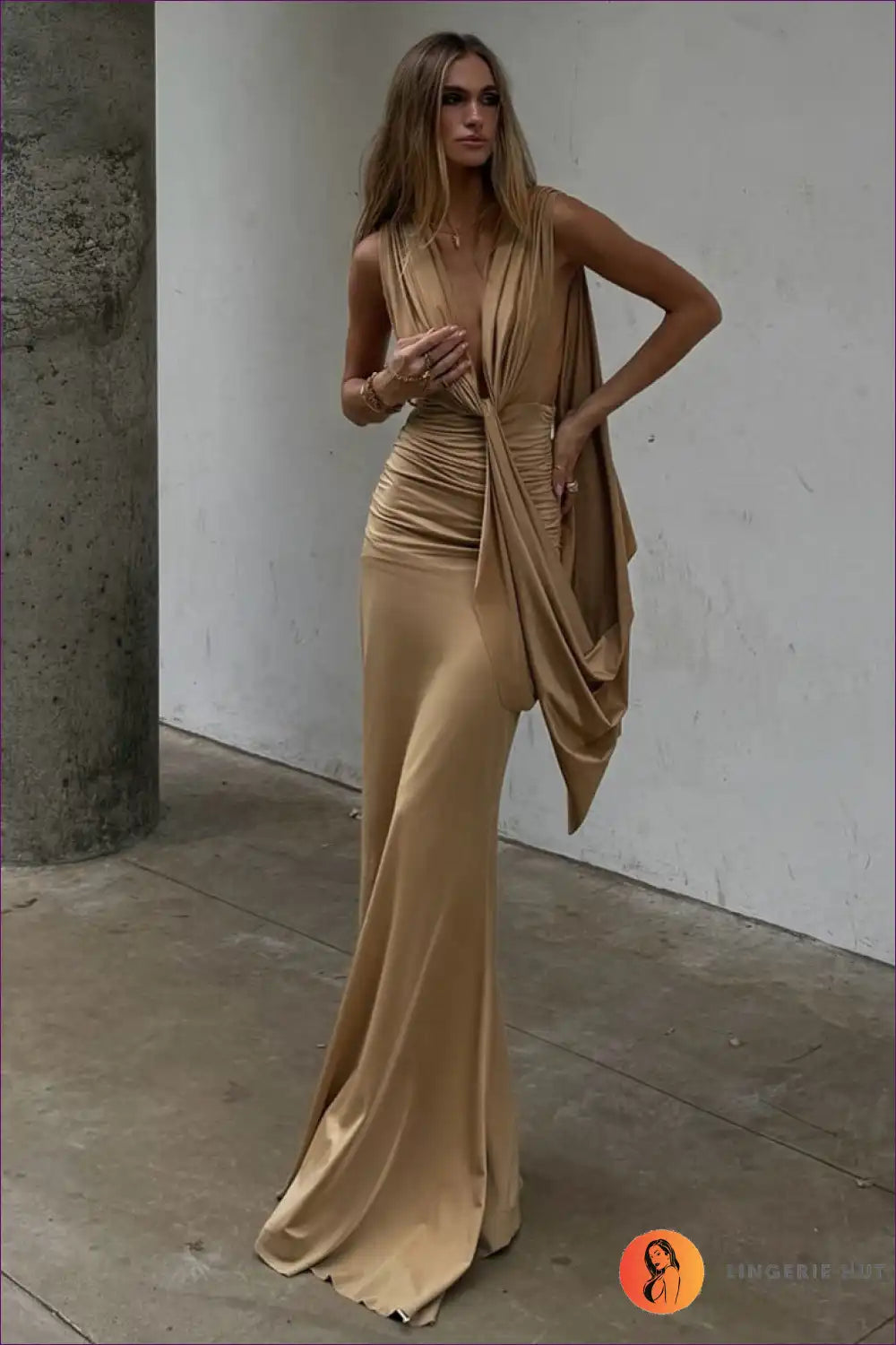 Draped Plunge Neck Maxi Dress with Pleated Ribbon Detail for Backless, Date Night, Evening Wear, Formal