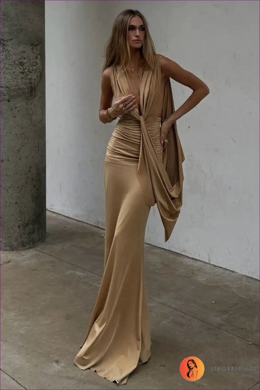 Draped Plunge Neck Maxi Dress with Pleated Ribbon Detail for Backless, Date Night, Evening Wear, Formal