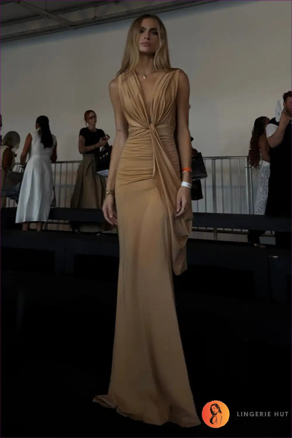 Draped Plunge Neck Maxi Dress with Pleated Ribbon Detail for Backless, Date Night, Evening Wear, Formal