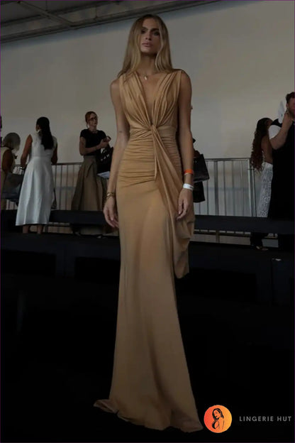 Draped Plunge Neck Maxi Dress with Pleated Ribbon Detail for Backless, Date Night, Evening Wear, Formal