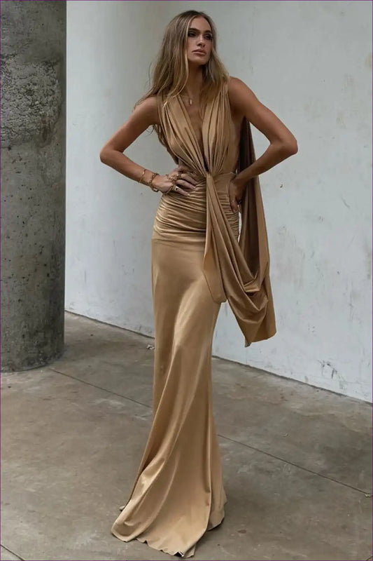 Draped Plunge Neck Maxi Dress with Pleated Ribbon Detail for Backless, Date Night, Evening Wear, Formal