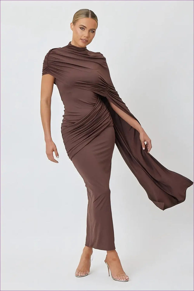 Draped Shoulder Wrap Midi Dress - Modern Cocktail Gatherings