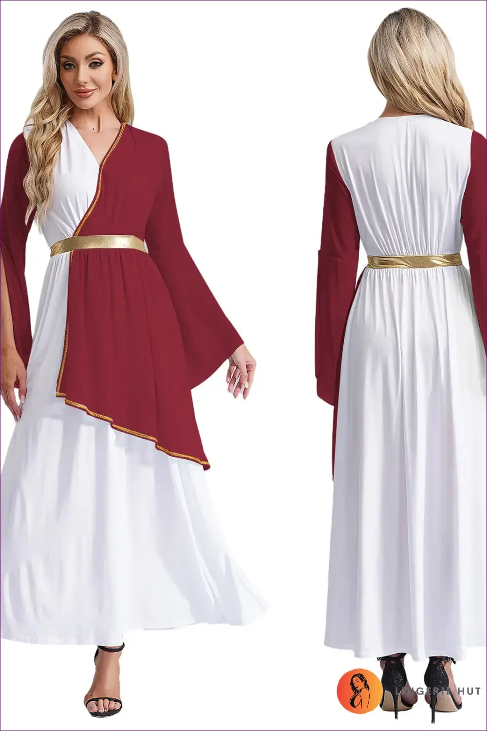Draped Toga Costume with Bell Sleeve Overlay - Ethereal Grace - Burgundy / s - just in • Party • Role Play • Theme