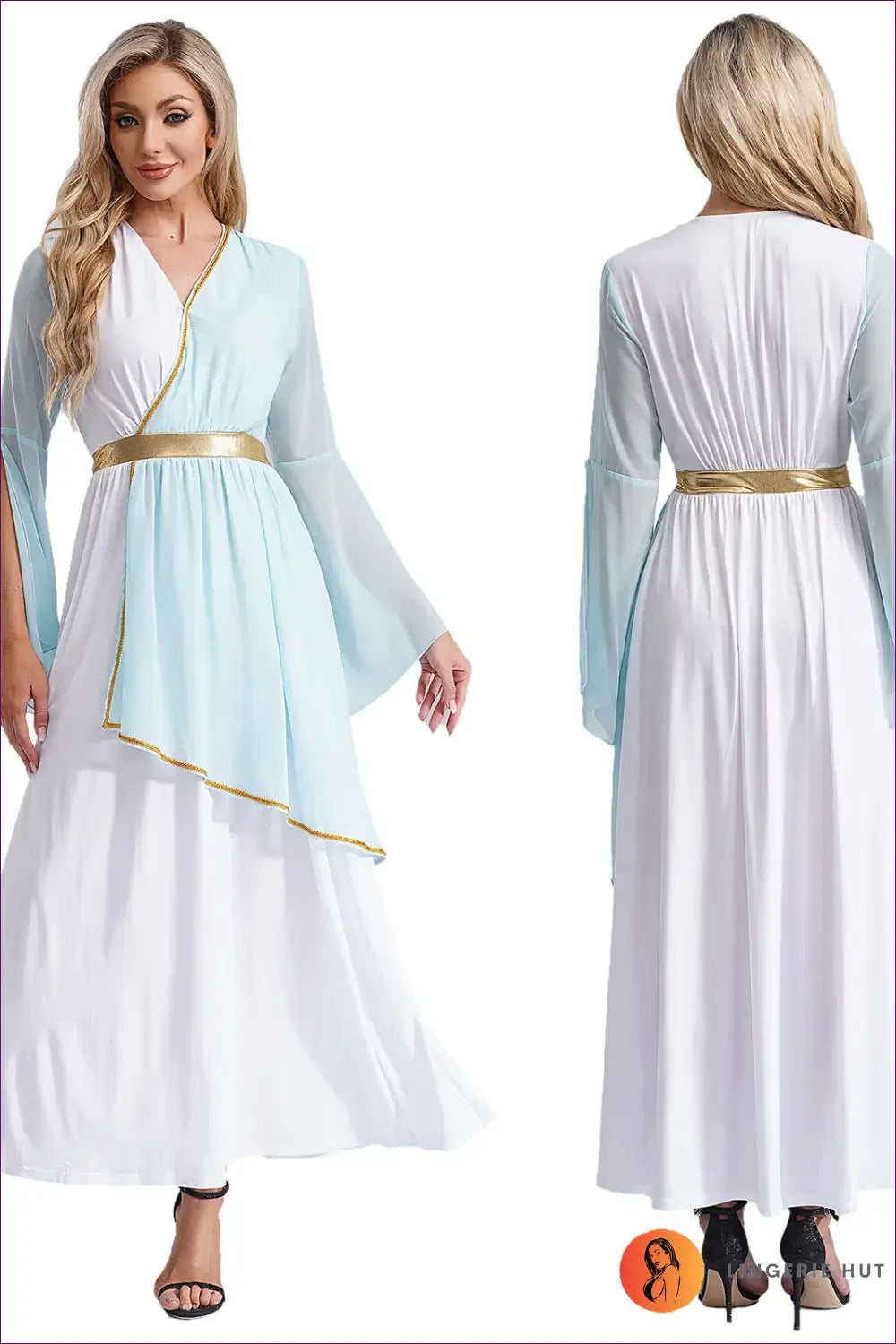Draped Toga Costume with Bell Sleeve Overlay - Ethereal Grace - Light Blue / s - just in • Party • Role Play • Theme