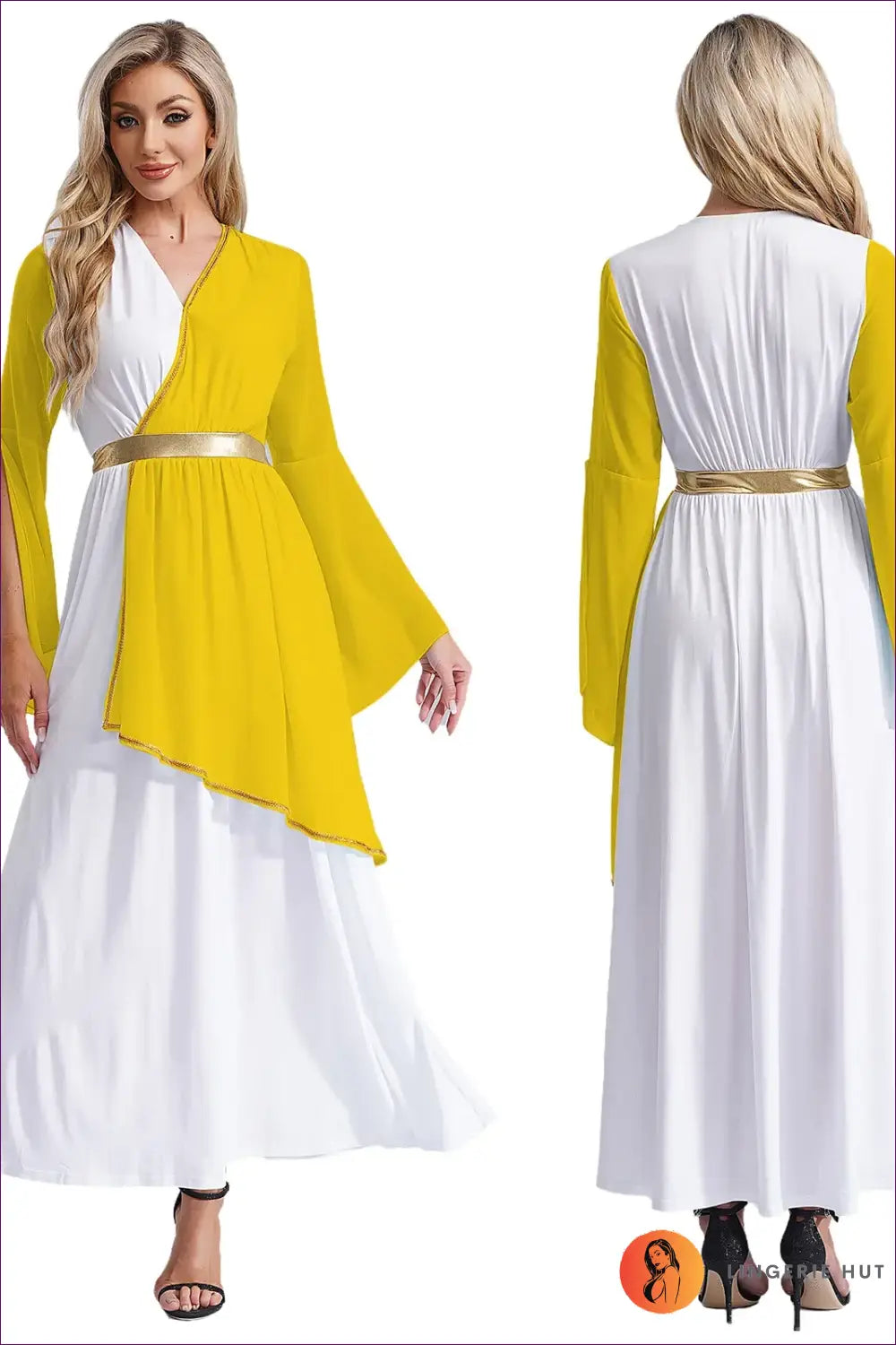 Draped Toga Costume with Bell Sleeve Overlay - Ethereal Grace - Yellow / s - just in • Party • Role Play • Theme
