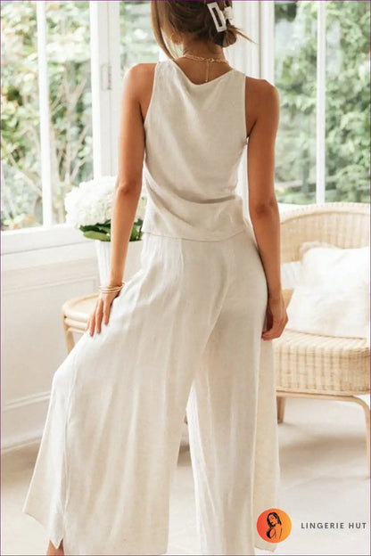 Drawstring Crop Top and Wide Leg Trouser Set - Relaxed Summer Ease for Casual, co Ord, Crop, Everyday,